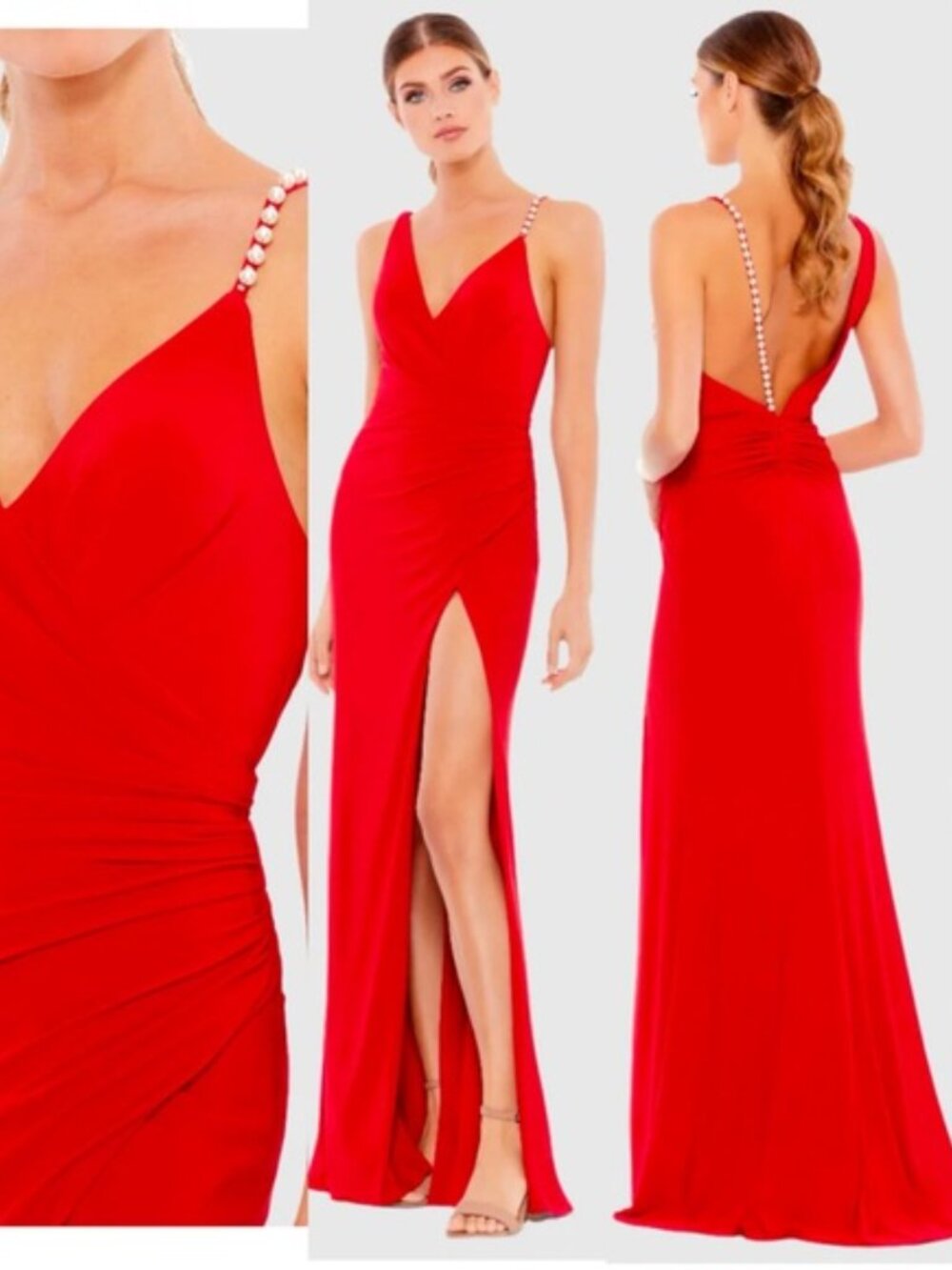 Ieena x Mac Duggal 265321 - Red Asymmetrical Pearl Strap V-Neck Gown Size 6 NWT